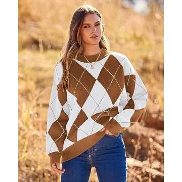 BTFBM Women's Argyle Plaid Pullover Crew Neck Casual Long Sleeve Christmas Sweater Oversized Fall Winter Knit Jumper Top(Argyle Dark Khaki, Large)