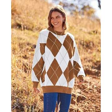 BTFBM Women's Argyle Plaid Pullover Crew Neck Casual Long Sleeve Christmas Sweater Oversized Fall Winter Knit Jumper Top(Argyle Dark Khaki, Large)