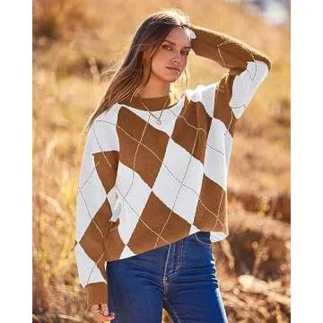 BTFBM Women's Argyle Plaid Pullover Crew Neck Casual Long Sleeve Christmas Sweater Oversized Fall Winter Knit Jumper Top(Argyle Dark Khaki, Large)