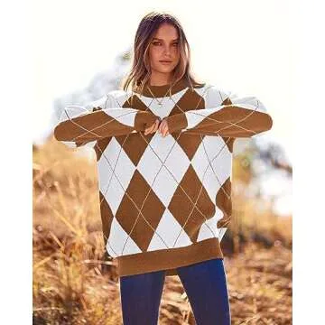 BTFBM Women's Argyle Plaid Pullover Crew Neck Casual Long Sleeve Christmas Sweater Oversized Fall Winter Knit Jumper Top(Argyle Dark Khaki, Large)