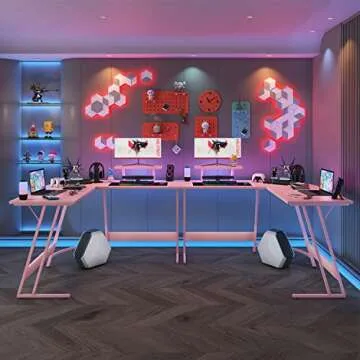 Homall Pink L Shaped Gaming Desk Computer Corner PC Desk Table with Large Monitor Stand for Home Off...
