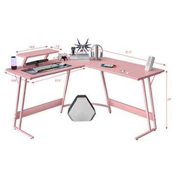 Homall Pink L Shaped Gaming Desk Computer Corner PC Desk Table with Large Monitor Stand for Home Office Studying Writing Workstation, Gift for Girls and Women (Pink, 51 Inch)