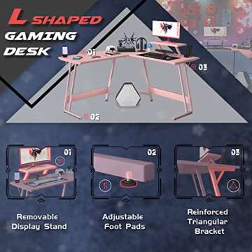 Homall Pink L Shaped Gaming Desk Computer Corner PC Desk Table with Large Monitor Stand for Home Office Studying Writing Workstation, Gift for Girls and Women (Pink, 51 Inch)