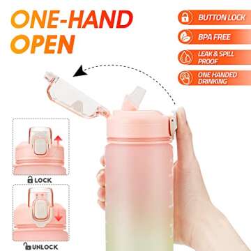 YC Kitchen Motivational Water Bottle with Time Marker- 32oz Water Bottles with Times to Drink, Leakproof & BPA Free Sports Water Bottle with Straw & Carry Strap for Fitness, Gym, and Outdoor Sports