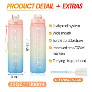 YC Kitchen Motivational Water Bottle with Time Marker- 32oz Water Bottles with Times to Drink, Leakproof & BPA Free Sports Water Bottle with Straw & Carry Strap for Fitness, Gym, and Outdoor Sports