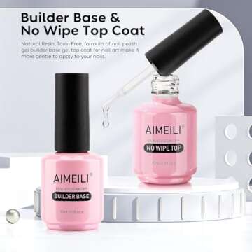 AIMEILI Soak Off Hema-Free Gel Nail Polish Cruelty Free Vegan Builder Base and No Wipe Top Set - 2 x 15ml
