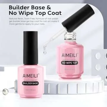 AIMEILI Soak Off Hema-Free Gel Nail Polish Cruelty Free Vegan Builder Base and No Wipe Top Set - 2 x 15ml
