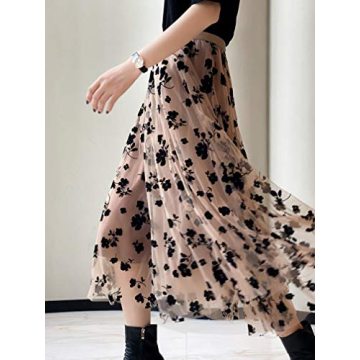 Women Tutu Tulle Skirt Elastic High Waist Layered Skirt Floral Print Mesh A-Line Midi Skirt (Khaki, One Size)