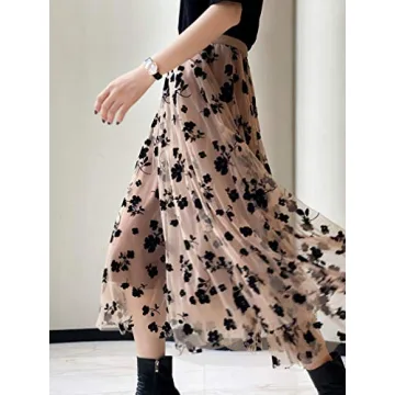 Women Tutu Tulle Skirt Elastic High Waist Layered Skirt Floral Print Mesh A-Line Midi Skirt (Khaki, One Size)