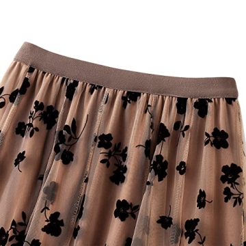 Women Tutu Tulle Skirt Elastic High Waist Layered Skirt Floral Print Mesh A-Line Midi Skirt (Khaki, One Size)