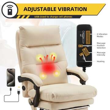 HOMRESTMassage Office Chair,Heated Executive Chair,Ergonomic Home Office Desk Chair,PU Leather with Retractable Footrest,Adjustable Armrest & Head Support