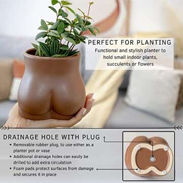 BASE ROOTS Plant Pot Ceramic Planter Vase with Drainage for Succulents, Cactus, Flowers - Ideal for Boho Indoor & Outdoor Garden, Aesthetic Living Room, Bedroom, Desk Organizer Decor & Gift Idea