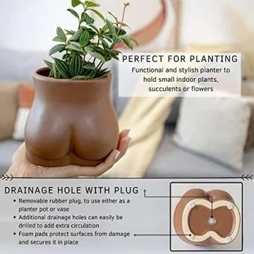 BASE ROOTS Plant Pot Ceramic Planter Vase with Drainage for Succulents, Cactus, Flowers - Ideal for Boho Indoor & Outdoor Garden, Aesthetic Living Room, Bedroom, Desk Organizer Decor & Gift Idea