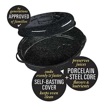 Granite Ware 18" Oval Roaster with Cover, Large Non-Stick Porcelain Enamel Roasting Pan, Even Heating, Dishwasher Safe, Durable Carbon Steel, Made in Mexico