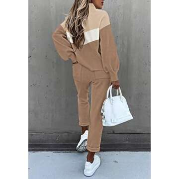 Fixmatti Women's 2 Piece Outfits Contrast Color Block Lantern Sleeve Sweatshirt Jogger Pant Tracksuit Coffee S
