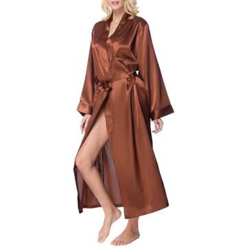 Lavenderi Women's Long Classic Satin Kimono Lounge Bathrobe Robe in XL Brown