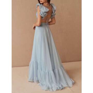 Lawncedw Women's Chiffon Bridesmaid Dresses Ruffle Backless Prom Dresses V Neck A Line Formal Evenin...