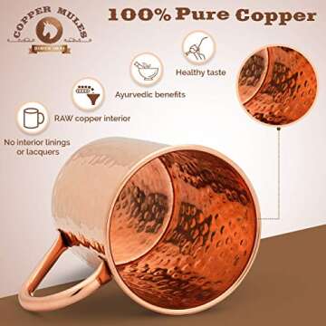 Copper Mules Moscow Mule PURE Copper Mug Handcrafted of 100% Pure THICK Copper - Timeless Hammered F...