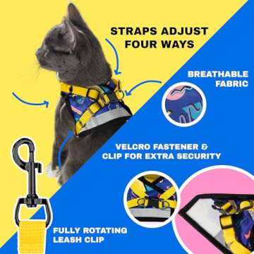 Travel Cat Harness and Leash Set - Adjustable Fit Mesh Cat Harness and Reflective Strap - Comfort Escape Proof Harness for Cats, Kitten for Outdoor Walking, Hiking (Large, 90s Cat)
