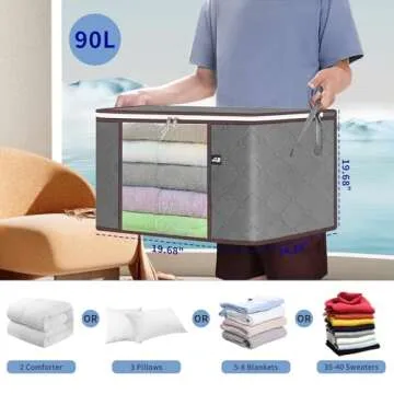 90L Large Storage Bag, 4 Pack Foldable Blanket Storage Bins, Clothing Storage Bins, Foldable Clothes Organizer and Storage Containers with Lids and Handle for Organizing Bedroom, Closet, Clothing