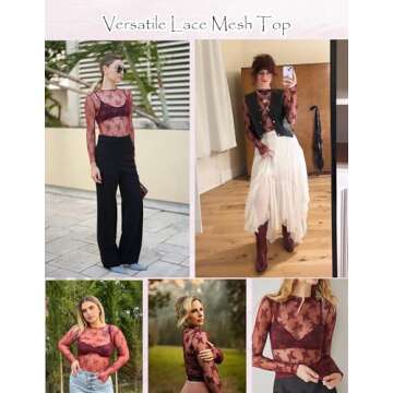 HOTOUCH Women's Mesh Top Long Sleeve Mock Neck Sheer Blouse See Through Floral Lace Sexy Tops Floral...