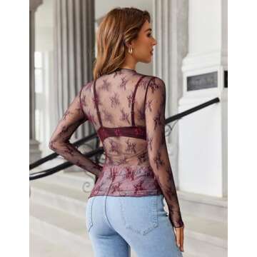 HOTOUCH Women's Mesh Top Long Sleeve Mock Neck Sheer Blouse See Through Floral Lace Sexy Tops Floral Embroidery Burgundy L