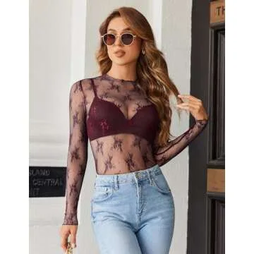 HOTOUCH Women's Mesh Top Long Sleeve Mock Neck Sheer Blouse See Through Floral Lace Sexy Tops Floral Embroidery Burgundy L