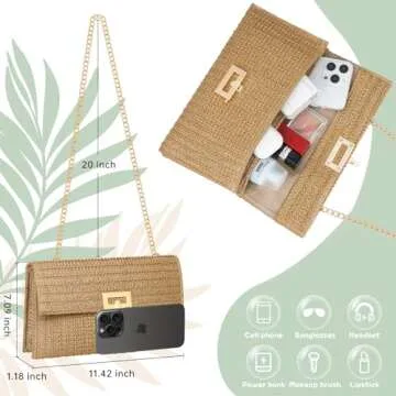 Liadreem Straw Clutch Purse for Women Designer Evening Handbag Summer Beach Shoulder Crossbody Bag, Chain Khaki