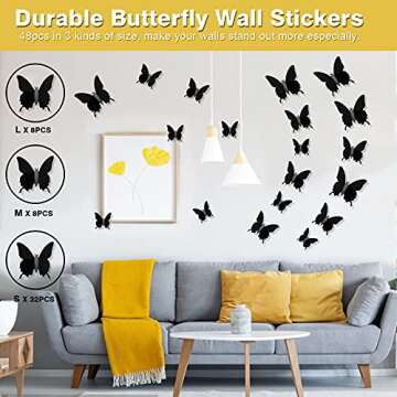 Ryangic 3D Butterfly Wall Decor 48pcs Black Polished Butterflies Wall Stickers 3 Sizes Durable Butte...