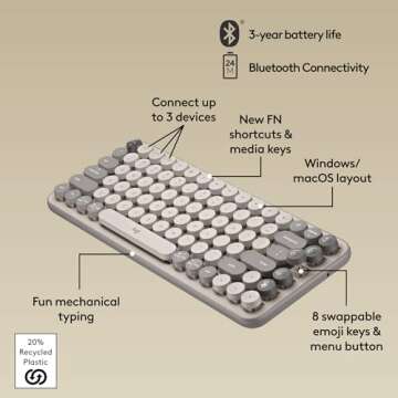 Logitech POP Keys Mechanical Wireless Keyboard with Customizable Emoji Keys, Durable Compact Design, Bluetooth or USB Connectivity, Multi-Device, OS Compatible - Mist