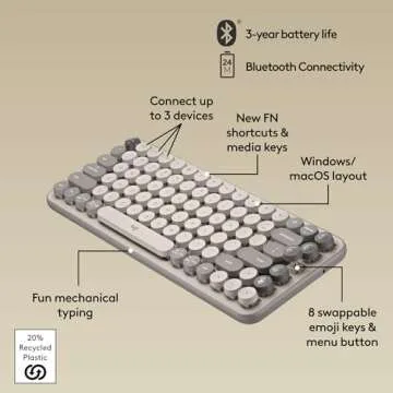 Logitech POP Keys Mechanical Wireless Keyboard with Customizable Emoji Keys, Durable Compact Design, Bluetooth or USB Connectivity, Multi-Device, OS Compatible - Mist