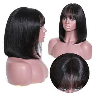 Royal Lady Brazilian Virgin Straight Short Bob Wigs with Bangs None Lace Front Wigs Machine Made Bob Human Hair Wigs with Bangs for Women Natural Color (10inch)
