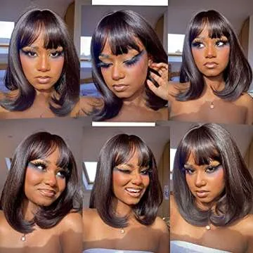 Royal Lady Brazilian Virgin Straight Short Bob Wigs with Bangs None Lace Front Wigs Machine Made Bob Human Hair Wigs with Bangs for Women Natural Color (10inch)