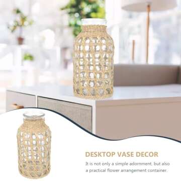 DOITOOL Glass Flower Vase with Rattan Cover,7.8" Tall Farmhouse Vase Boho Woven Vase,Vintage Floral ...