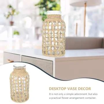 DOITOOL Glass Flower Vase with Rattan Cover,7.8" Tall Farmhouse Vase Boho Woven Vase,Vintage Floral ...