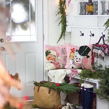 Pink Christmas Decorations Pillow Covers 16×16 Set of 4 Snowflake Santa Snowman Deer Bird Candy Can...
