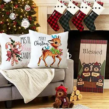Pink Christmas Decorations Pillow Covers 16×16 Set of 4 Snowflake Santa Snowman Deer Bird Candy Cane Xmas Rustic Winter Holiday Throw Pillows Christmas Decor Cushion Cases K031 (16"x16", Pink)