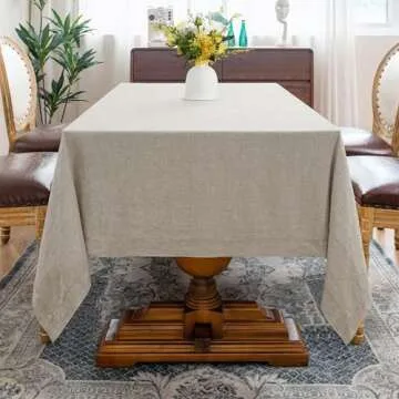L Linen World Linen Tablecloth, 100% French Linen Natural Tablecloth 90" x 60" Inch, Washable Rectan...