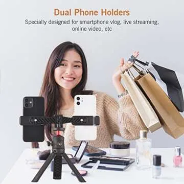 Andoer Multifunctional Smartphone Video Kit Including Universal Phone Tripod Mount with Dual Phone Holders 4 Cold Shoe Mounts + Desktop Tripod for Vlog Live Streaming Oline Video Teaching Meeting