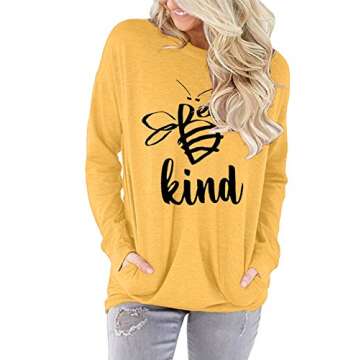 Angerella Yellow Kindness Shirts for Teacher Long Sleeve Bee Kind T Shirt with Pockets