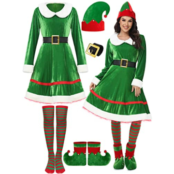 SOMSOC 5 Pack Women Christmas Elf Costume Set Velvet Dress Belt Striped Over Knee High Socks Elf Hat...
