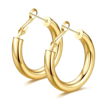 Chunky Gold Hoop Earrings for Women 14K Gold Plated Chunky Gold Hoops Hypoallergenic Thick Hoop Earr...