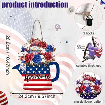 Lallisa 4th of July Door Sign Independence Day Welcome Sign American Wreath Door Decor Patriotic Doo...