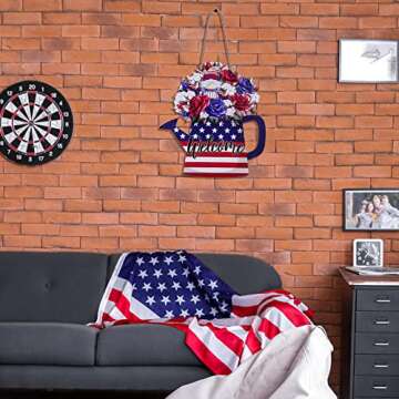 Lallisa 4th of July Door Sign Independence Day Welcome Sign American Wreath Door Decor Patriotic Door Hanger Memorial Day Decorations for Office Home Farmhouse Party Supplies