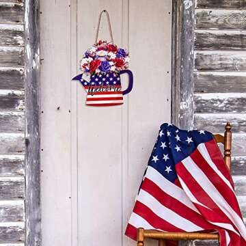 Lallisa 4th of July Door Sign Independence Day Welcome Sign American Wreath Door Decor Patriotic Door Hanger Memorial Day Decorations for Office Home Farmhouse Party Supplies