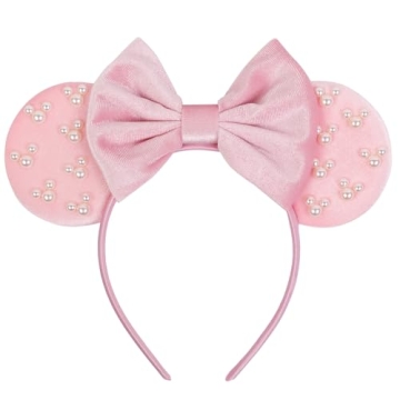 WOVOWOVO Mouse Ears Headbands for Women Girls Pink Bow Pearl Hairbands Velvet Headband Christmas Bir...