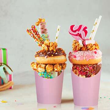 Sabary 50 Pcs French Fries Holder, 12oz Disposable Paper French Fry Cups Charcuterie Cups for Baby Shower Birthday Party Waffle Popcorn Food Takeout(Pink)