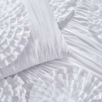 Lush Decor Serena Comforter Set, 3 Piece Set, Full/ Queen, White - Ruched Ruffled Flower Design - Romantic Ruffle Bedding Set - Vintage Glam & Farmhouse Bedroom Decor