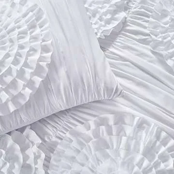 Lush Decor Serena Comforter Set, 3 Piece Set, Full/ Queen, White - Ruched Ruffled Flower Design - Romantic Ruffle Bedding Set - Vintage Glam & Farmhouse Bedroom Decor