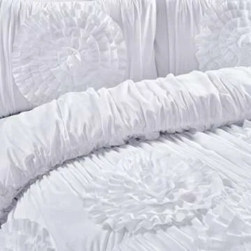 Lush Decor Serena Comforter Set, 3 Piece Set, Full/ Queen, White - Ruched Ruffled Flower Design - Romantic Ruffle Bedding Set - Vintage Glam & Farmhouse Bedroom Decor